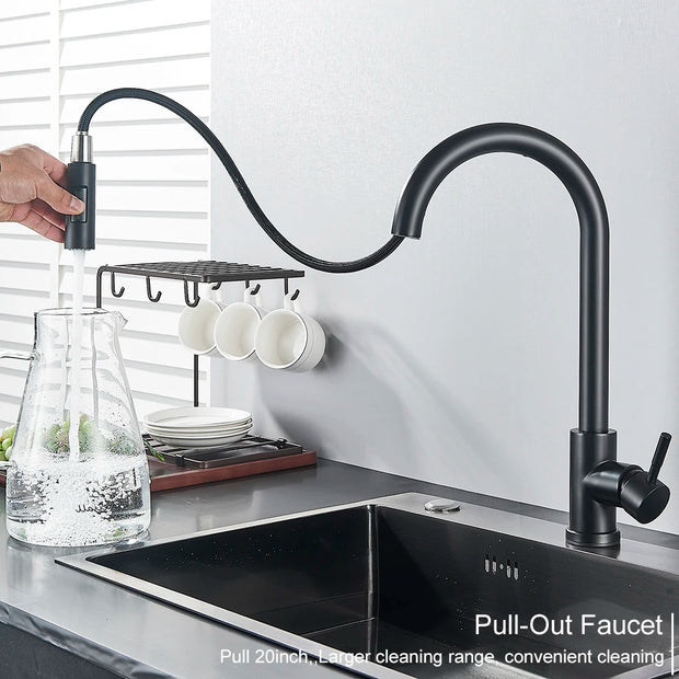 Black Kitchen Faucet Two Function Single Handle Pull Out Mixer Hot and Cold Water Taps Deck Mounted