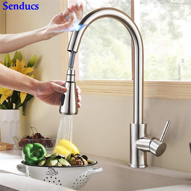 White Sensor Pull Down Kitchen Faucets Hot and Cold Touch Stainless Steel Kitchen Faucets Mixer Home Sensor Touch Kitchen Taps