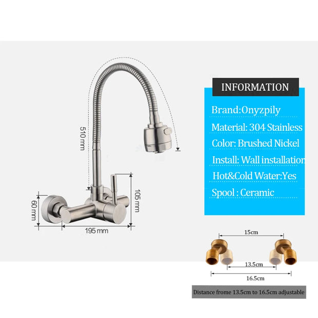 Onyzpily Free Shipping Black Brushed Kitchen Faucet Wall Mounted 2 Models Hot&Cold Water Sink Faucet 360 Rotation Sprayer Taps