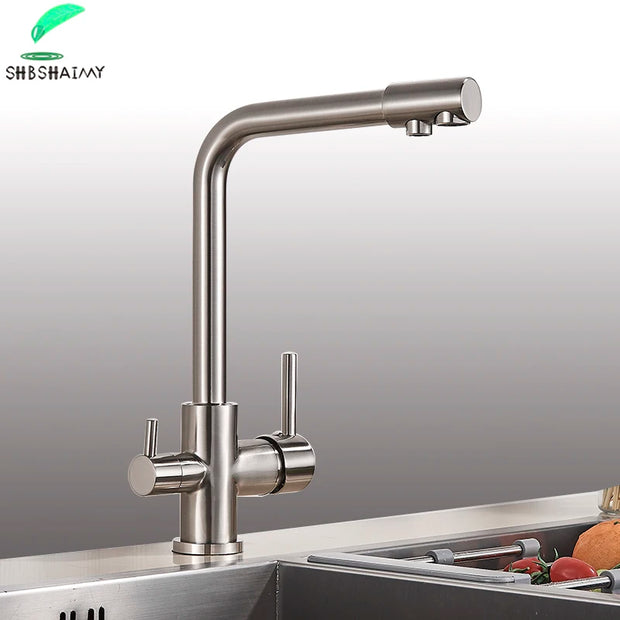 SHBSHAIMY Filter Kitchen Faucet Drinking Water Kitchen Tap Deck Mounted Dual Handles 3-Way Hot Cold Water Mixer