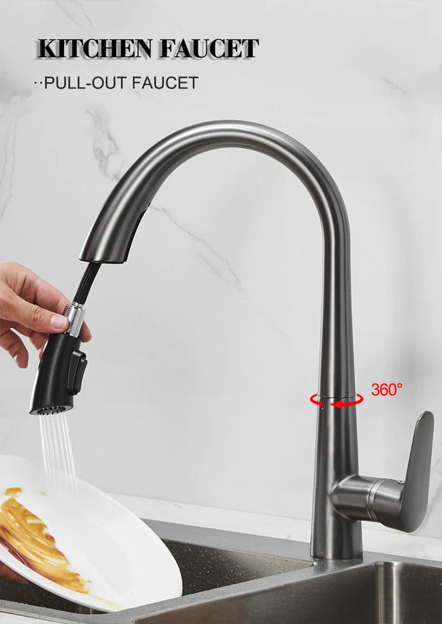 Gun Gray Pull-out Kitchen Faucet Hot And Cold Water Washbasin Sink Faucet Rotatable Retractable Black And White 60CM Pull