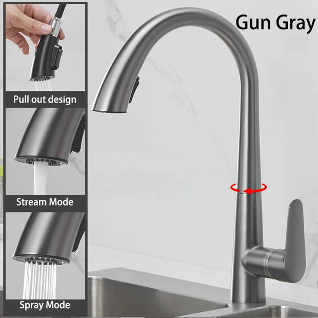 Gun Gray Pull-out Kitchen Faucet Hot And Cold Water Washbasin Sink Faucet Rotatable Retractable Black And White 60CM Pull