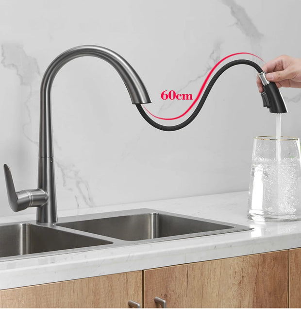 Gun Gray Pull-out Kitchen Faucet Hot And Cold Water Washbasin Sink Faucet Rotatable Retractable Black And White 60CM Pull