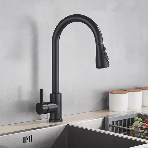 Black Pull Out Kitchen Faucet Silver Single Handle Nickel Kitchen Tap Single Hole Handle Swivel Sprayer Water Mixer Tap