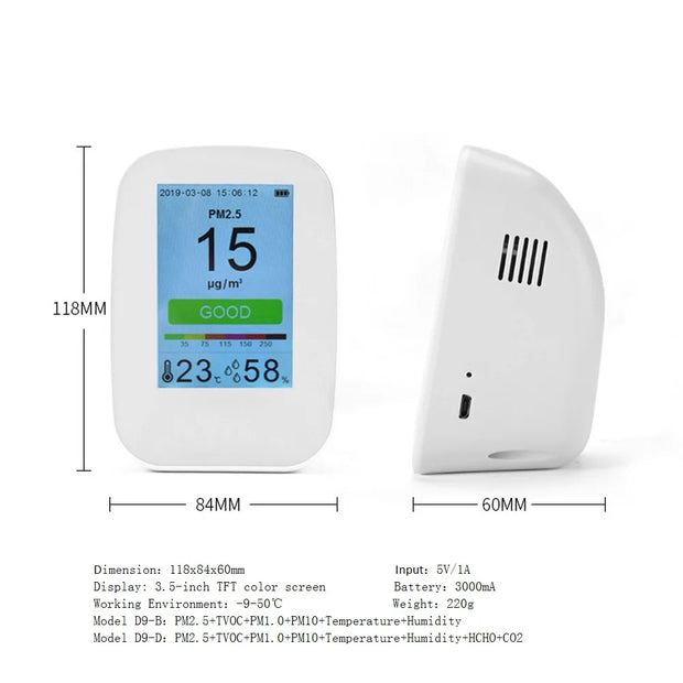 Air Quality Detector Digital CO2 Air Quality Monitor PM1.0 PM2.5 PM10 HCHO TVOC Detector Temperature Humidity PM 2.5 Gas Analyze