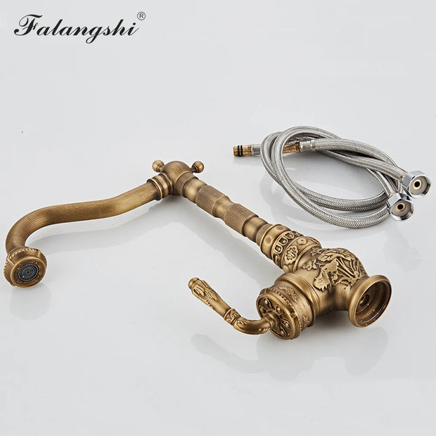 Classic Kitchen Faucets Sink Mixer Antique Carving Solid Brass Cold And Hot Water Taps 360 Degree Rotation Basin Mixer WB1222