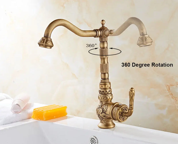 Classic Kitchen Faucets Sink Mixer Antique Carving Solid Brass Cold And Hot Water Taps 360 Degree Rotation Basin Mixer WB1222