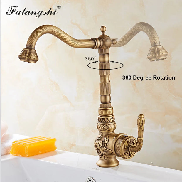 Classic Kitchen Faucets Sink Mixer Antique Carving Solid Brass Cold And Hot Water Taps 360 Degree Rotation Basin Mixer WB1222