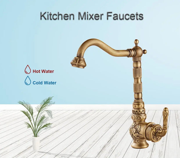 Classic Kitchen Faucets Sink Mixer Antique Carving Solid Brass Cold And Hot Water Taps 360 Degree Rotation Basin Mixer WB1222