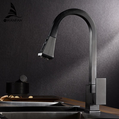 Kitchen Faucets Silver Pull Out Tap Single Hole Handle Solid Brass Black Swivel 360 Degree Water Mixer   866399R