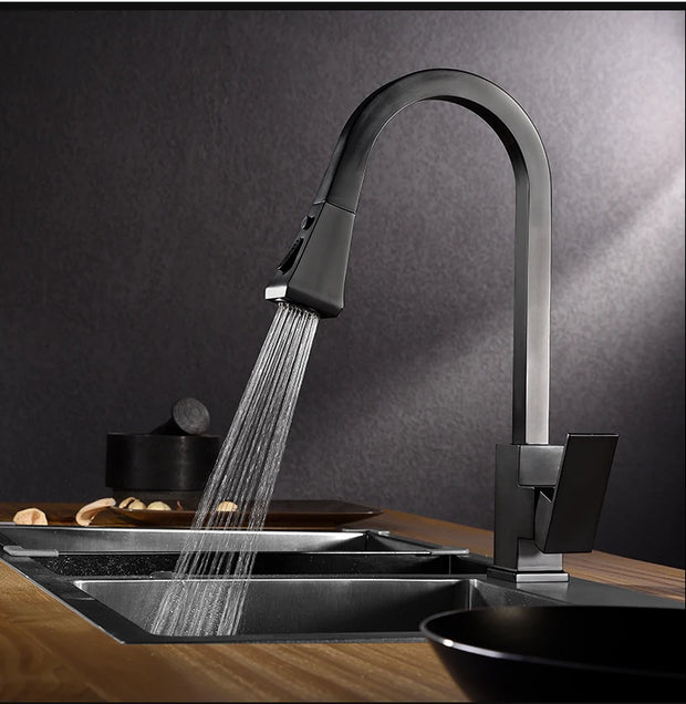 Kitchen Faucets Silver Pull Out Tap Single Hole Handle Solid Brass Black Swivel 360 Degree Water Mixer   866399R