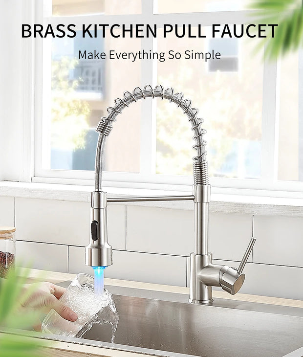 Kitchen Faucets Brush Brass Faucets for Kitchen Sink  Single Lever Pull Down Spring Spout Mixers Tap Hot Cold Water Crane 9009