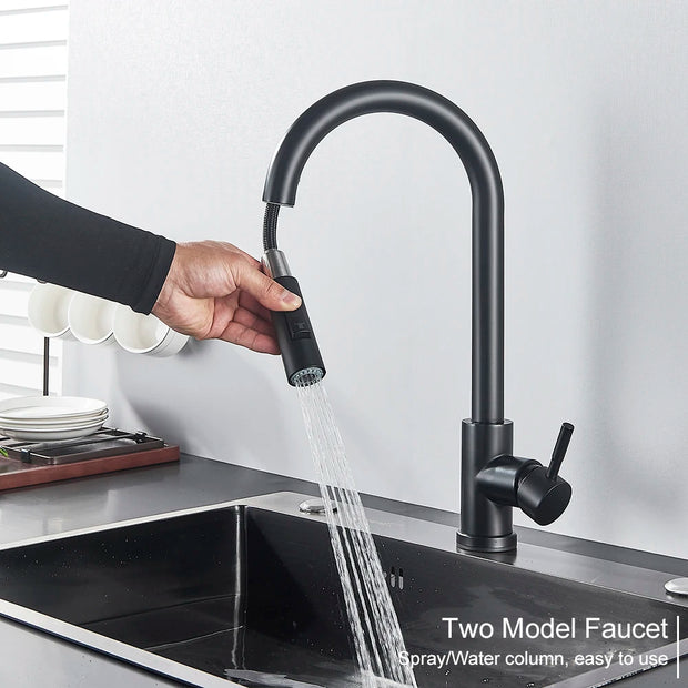 Black Kitchen Faucet Two Function Single Handle Pull Out Mixer Hot and Cold Water Taps Deck Mounted