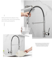 Kitchen Faucets Brush Brass Faucets for Kitchen Sink  Single Lever Pull Down Spring Spout Mixers Tap Hot Cold Water Crane 9009