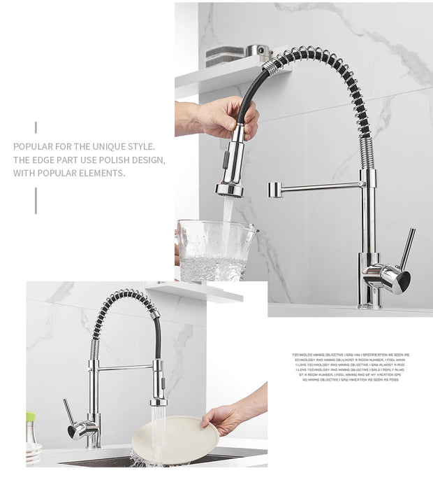 Kitchen Faucets Brush Brass Faucets for Kitchen Sink  Single Lever Pull Down Spring Spout Mixers Tap Hot Cold Water Crane 9009