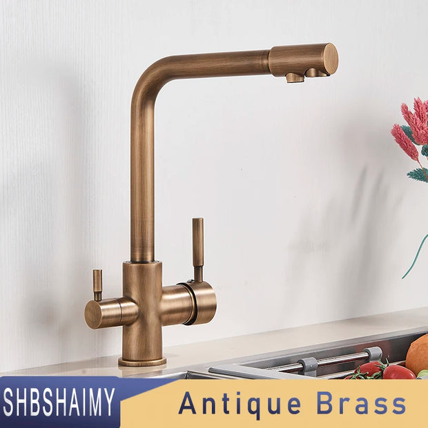 SHBSHAIMY Filter Kitchen Faucet Drinking Water Kitchen Tap Deck Mounted Dual Handles 3-Way Hot Cold Water Mixer