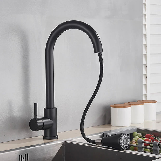 Black Pull Out Kitchen Faucet Silver Single Handle Nickel Kitchen Tap Single Hole Handle Swivel Sprayer Water Mixer Tap