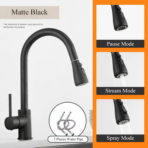 Black Pull Out Kitchen Faucet Silver Single Handle Nickel Kitchen Tap Single Hole Handle Swivel Sprayer Water Mixer Tap