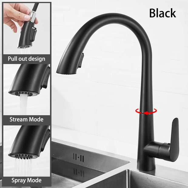 Gun Gray Pull-out Kitchen Faucet Hot And Cold Water Washbasin Sink Faucet Rotatable Retractable Black And White 60CM Pull