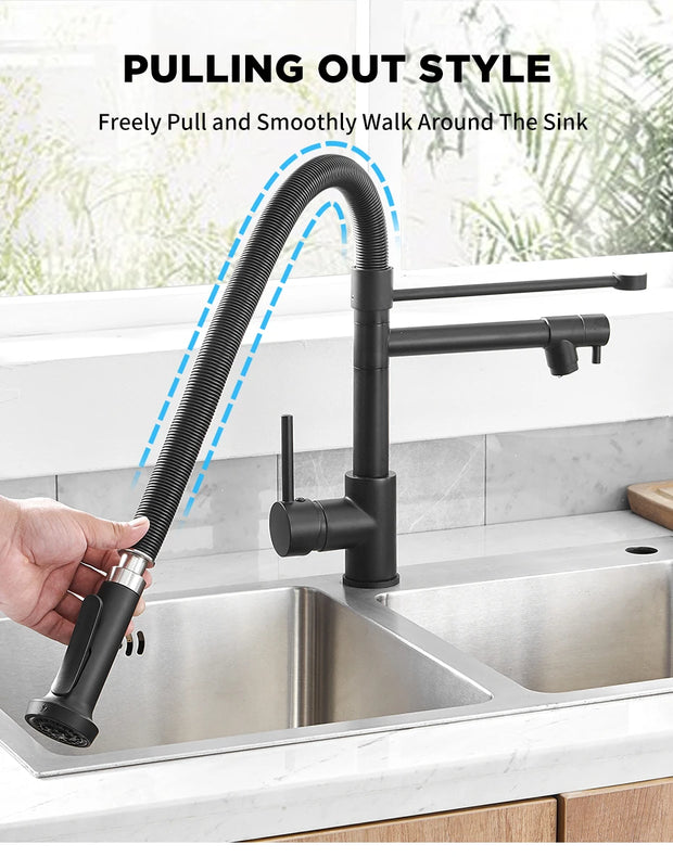 Kitchen Faucets Brush Brass Faucets for Kitchen Sink  Single Lever Pull Down Spring Spout Mixers Tap Hot Cold Water Crane 9009