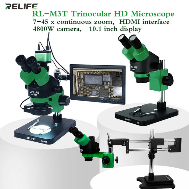 RELIFE RL-M3T Binocular Trinocular Microscope Mobile Phone Repair Electron 7-45x Long Arm 4k Camera Microscope