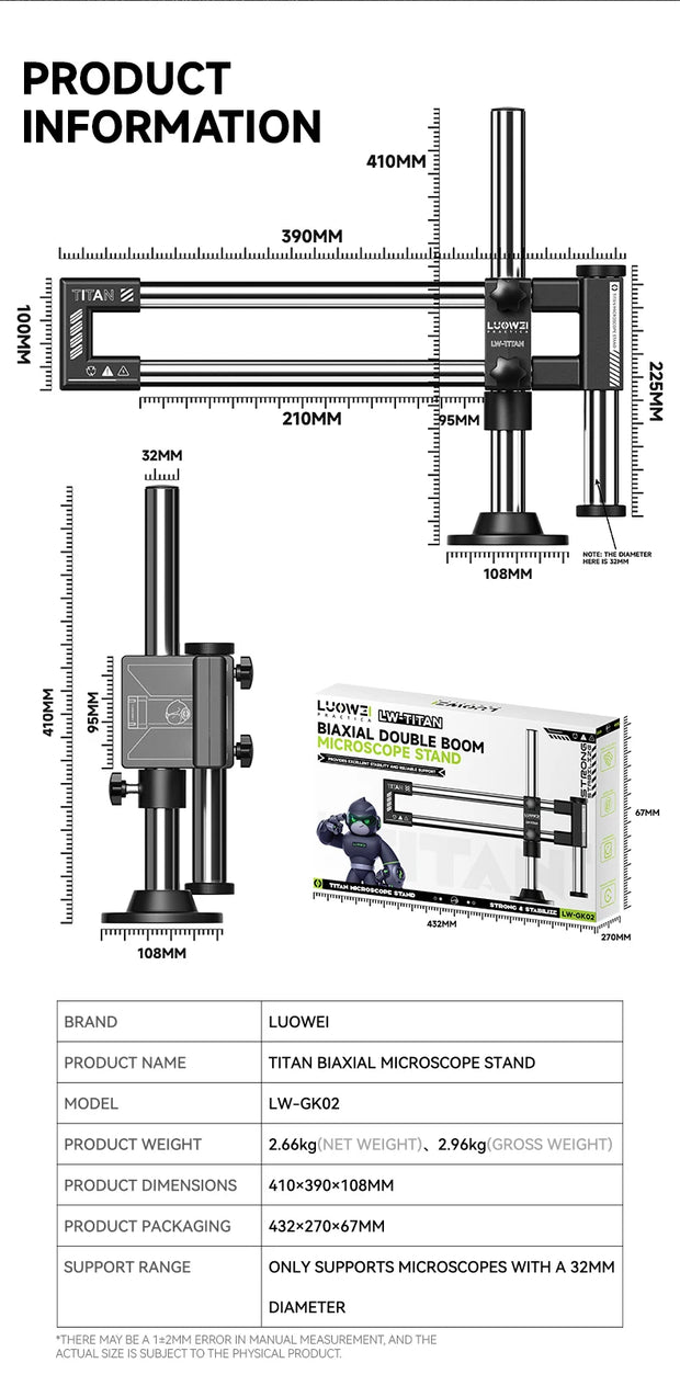 LW-GK02 Dual-Axis Microscope Articulating Arm Bracket 360° Rotatable Swing Aluminum Stand High Load-bearing for Most Microscope