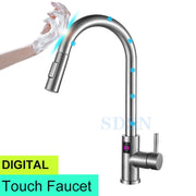 Smart Digital Touch Kitchen Mixer Tap Brushed Pull Out Kitchen Faucet Hot Cold Water Tap Sensor Touch Digital Kitchen Faucet