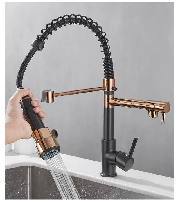 Black and Rose Golden Spring Pull Down Kitchen Water Faucet Hot & Cold Water Mixer Crane Tap Dual Spout Deck Mounted sink Faucet