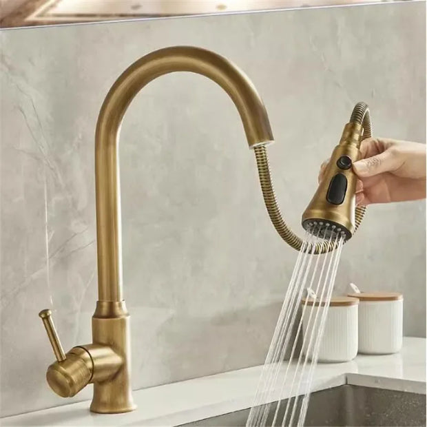 Antique Pull Out Kitchen Faucet Brass Sink Faucet Mixer Tap 360 degree rotation torneira cozinha mixer taps Kitchen Tap