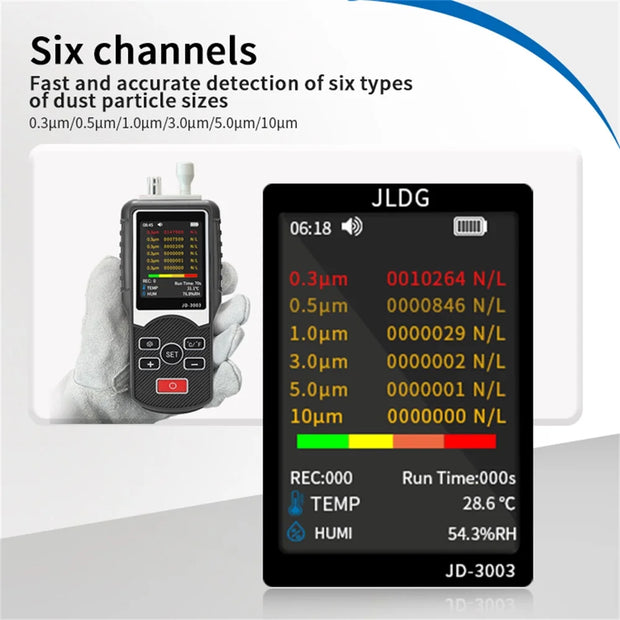 JD-3003 Multi Functional 6-channel Air Analyzer Dust Particle Counter Pump Suction PM2.5 Air Detector Temperature Humidity Meter