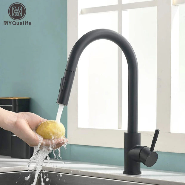 Black Kitchen Faucet Two Function Single Handle Pull Out Mixer Hot and Cold Water Taps Deck Mounted