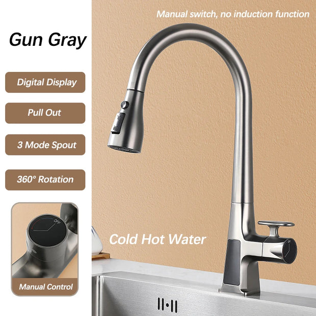 Smart Sensor Pull Out Kitchen Faucet.Touchless Digital Display Water Mixer Tap.Cold Hot Water Three Modes Spout Sink Faucet.