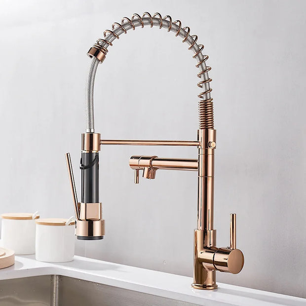 Black and Rose Golden Spring Pull Down Kitchen Water Faucet Hot & Cold Water Mixer Crane Tap Dual Spout Deck Mounted sink Faucet