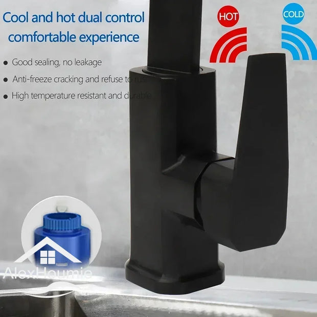 Black Kitchen Faucet Hot And Cold Water Mixer 360 Degree Rotating Vessel Sink Tap Wall Mounted for Kitchen