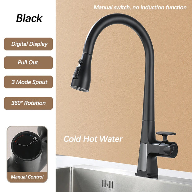 Smart Sensor Pull Out Kitchen Faucet.Touchless Digital Display Water Mixer Tap.Cold Hot Water Three Modes Spout Sink Faucet.