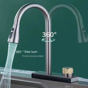 Kitchen 304 Stainless Steel Pull-out Waterfall Single Hole Faucet Dishwashing Basin Cold and Hot Rotatable Mixer Tap