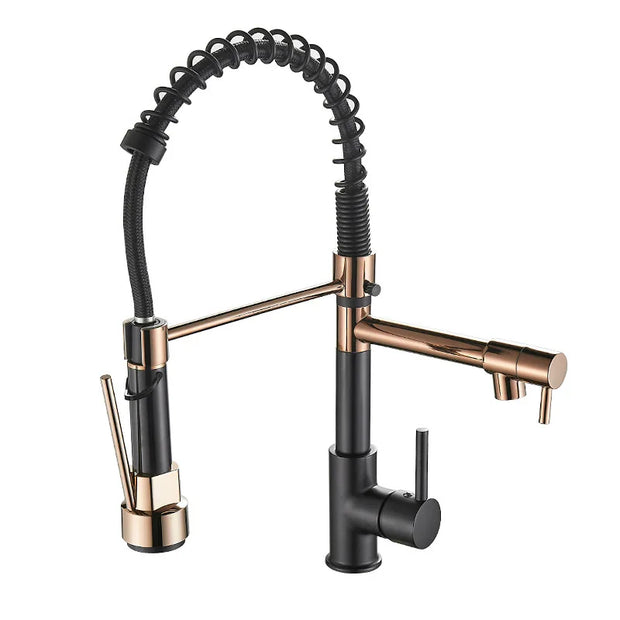 Black and Rose Golden Spring Pull Down Kitchen Water Faucet Hot & Cold Water Mixer Crane Tap Dual Spout Deck Mounted sink Faucet