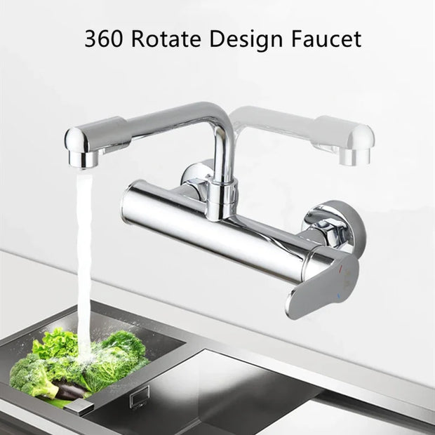 Black Kitchen Faucets Brass 360 Rotate Dual Hole Wall Mounted Silver Bathroom Faucet Cold Hot Water Folding Crane Sink Mixer Tap