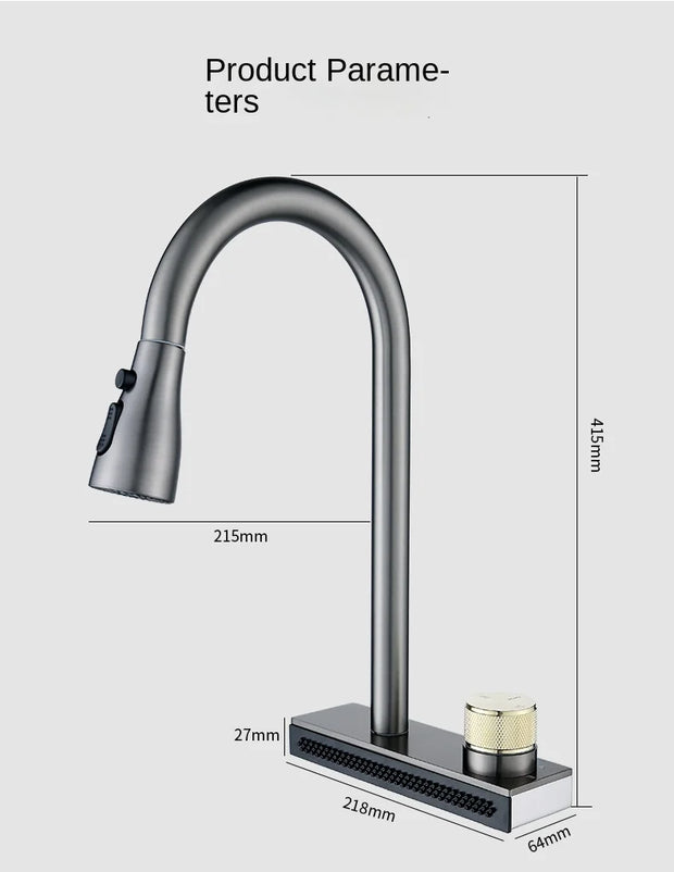 Kitchen 304 Stainless Steel Pull-out Waterfall Single Hole Faucet Dishwashing Basin Cold and Hot Rotatable Mixer Tap