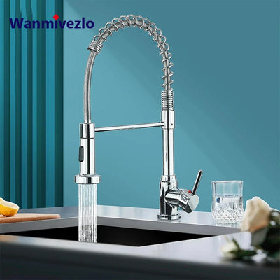 Chrome Spring Pull Down Kitchen Faucets Stream Spray Head Hot Cold Water Tap Stainless steel Rotation Kitchen Mixer Tap Crane