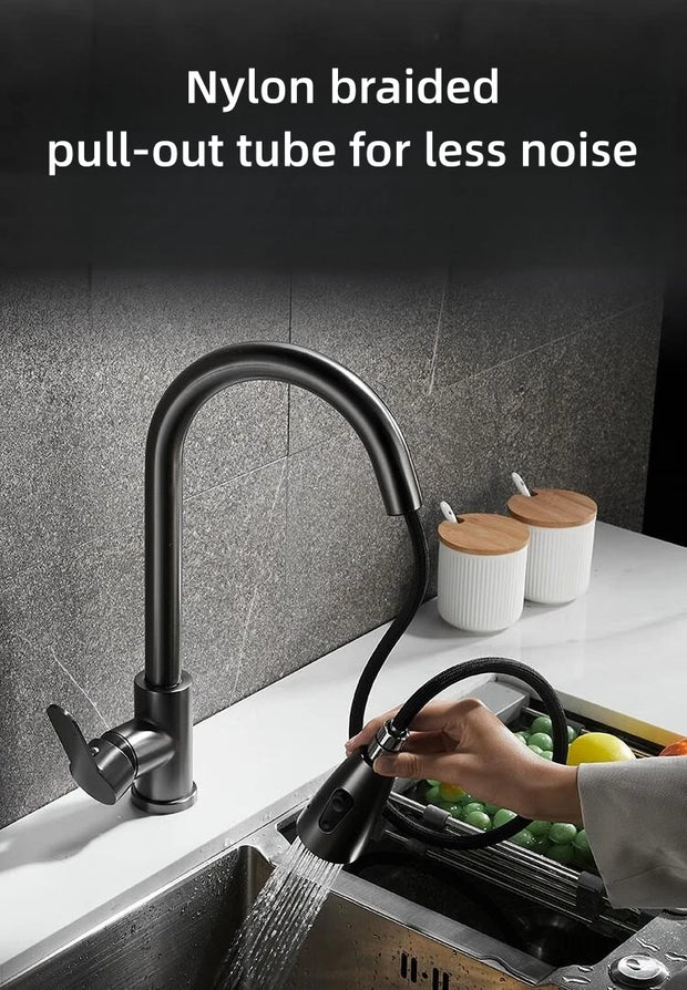 Kitchen Pull Out Faucet Stainless Steel Double Outlet Cold and Hot Water Mixer Dish Washing Basin Sink Retractable Water Tap