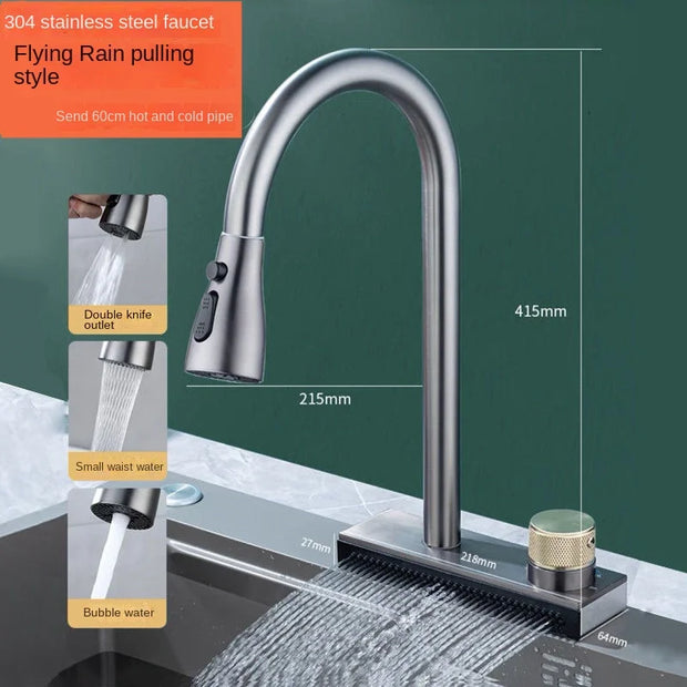 Kitchen 304 Stainless Steel Pull-out Waterfall Single Hole Faucet Dishwashing Basin Cold and Hot Rotatable Mixer Tap