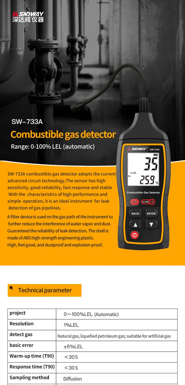 SNDWAY Combustible Gas Detector SW-733A Propane CO Hexane Methane Leak Indicator Port Natural Gas Analyzer 0-100%LEL With Alarm