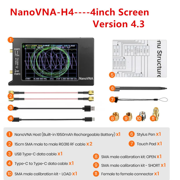 2022 New Updated NanoVNA-H4 4inch Vector Network Analyzer 10k-1.5GHz HF VHF UHF Antenna Analyzer Version 4.3 with SD Card Slot