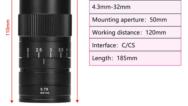 Adjustable 100X 150X 300X 600X zoom C Mount optical lens 0.7X~ 4.5x magnification 10A microscope lens