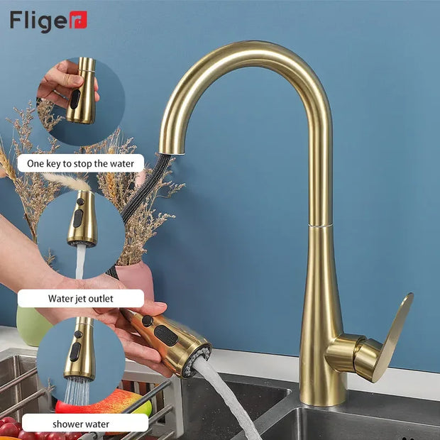 Fliger Pull Out Kitchen Faucet Gold Faucet Stainless Steel Kitchen Sink Faucets Pull Out Spout Kitchen Sink Mixer Tap