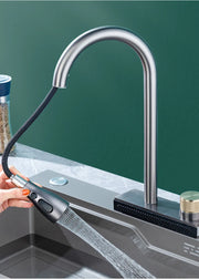 Kitchen 304 Stainless Steel Pull-out Waterfall Single Hole Faucet Dishwashing Basin Cold and Hot Rotatable Mixer Tap