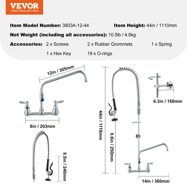 VEVOR Commercial  Faucet with Pre-Rinse Sprayer Wall Mount Kitchen Sink Faucet Brass Constructed Device with Pull Down Spray