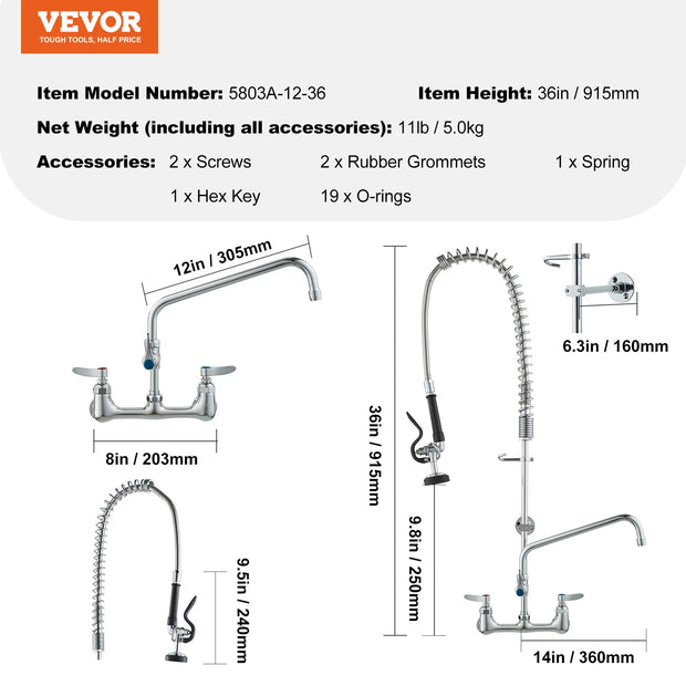 VEVOR Commercial  Faucet with Pre-Rinse Sprayer Wall Mount Kitchen Sink Faucet Brass Constructed Device with Pull Down Spray