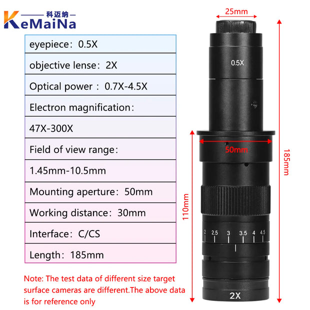 Adjustable 100X 150X 300X 600X zoom C Mount optical lens 0.7X~ 4.5x magnification 10A microscope lens